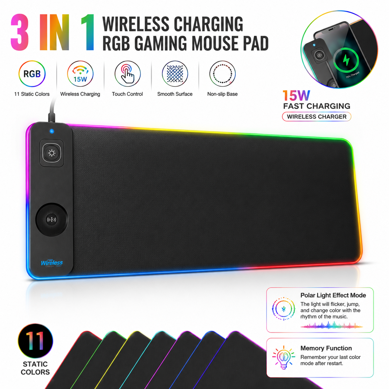 Mouse Charging Pad - 15W Fast Wireless Charging Mouse Pad,